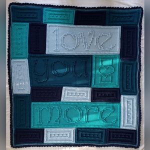 I Love You More with blue border Crocheted Wordghan Afghan Throw Size 59"×54"